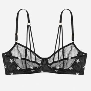 Le Petit Trou Black Sheer Mesh Bra Silver Glitter Stars Strappy Back Size L